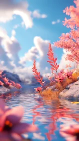 Blossomed river dreamscape under cotton-candy skies.