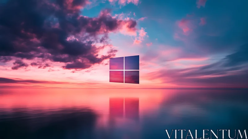 Floating glass window icon over neon sunset seascape.