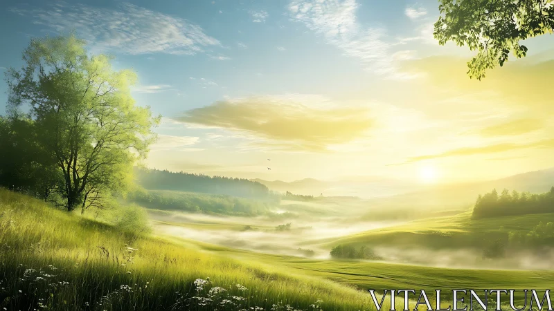 Sunlit misty valley landscape with rolling grass hills at dawn