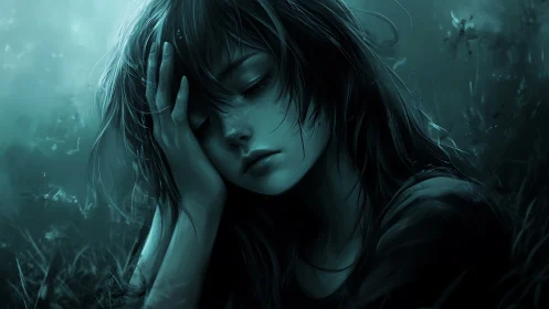 Nocturnal teal portrait of resting girl in digital chiaroscuro.