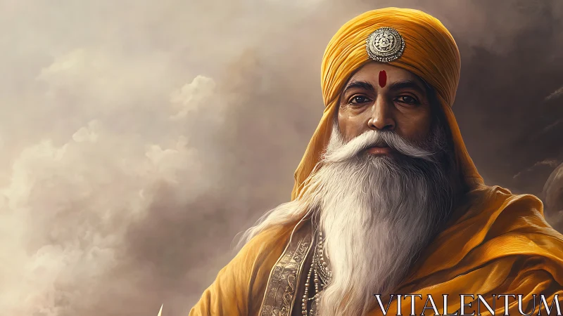 Golden-turbaned sage gazes through storm-kissed sacred skies.