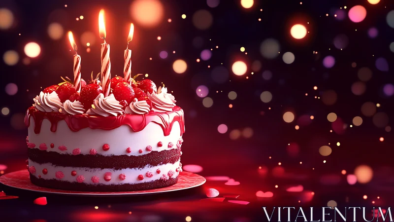 Velvet Cake with Lit Candles Against Ambient Bokeh Backdrop.