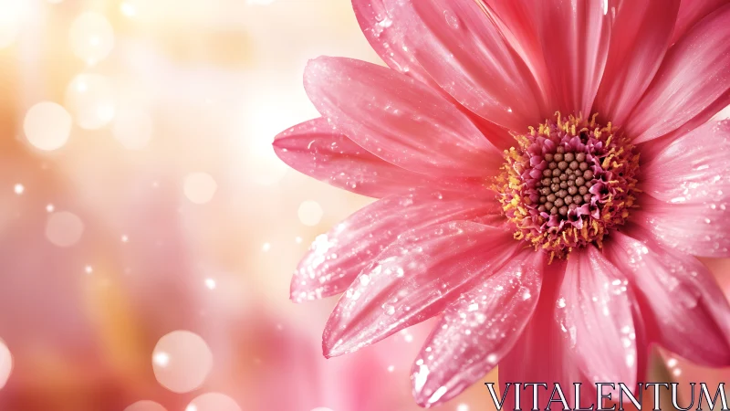 Pink Gerbera Daisy with Dew: Macro Floral Study.