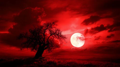 Red-tinted night sky frames silhouetted tree and full moon