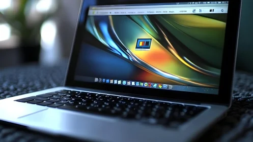 Modern laptop displaying colorful abstract wallpaper in soft focus.