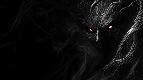 Mysterious shadow spirit with glowing eyes emerging gently.