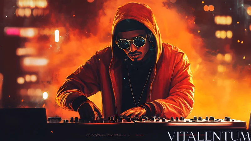 Hooded electronic musician programs synth under neon bokeh flare