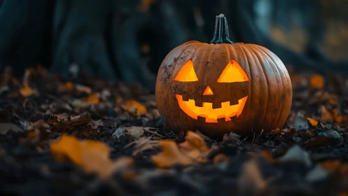 Glowing jack-o’-lantern smiles amid fallen autumn leaves.