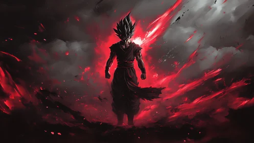 Silhouetted warrior stands amid red energy bursts and smoke