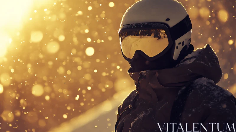 Snow-dusted rider glows in golden backlit winter storm.
