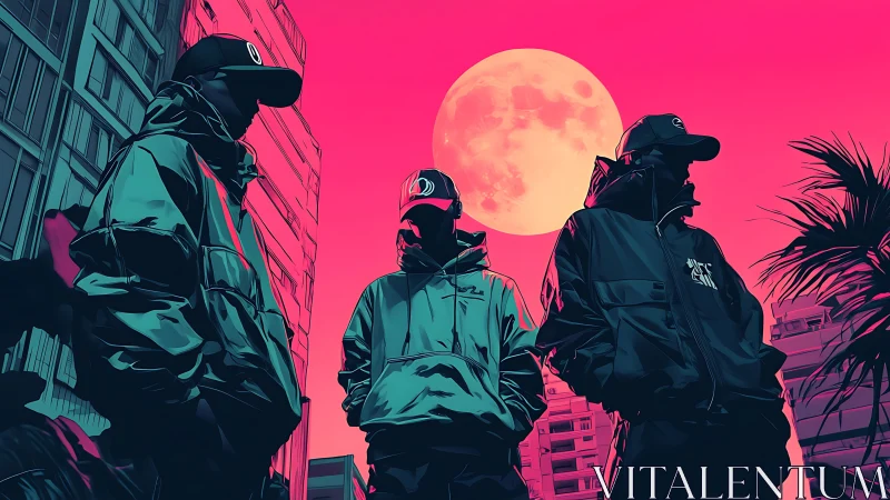 Urban street trio stand beneath a neon moonlit skyline