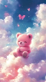 Pink plush bear seated on pastel clouds under sky.