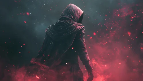Mysterious hooded wanderer amid swirling crimson embers.