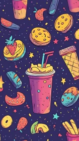 Colorful snack-time treats dancing in a playful night sky.