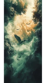 Birds drifting through a glowing canyon of dreamlike clouds.