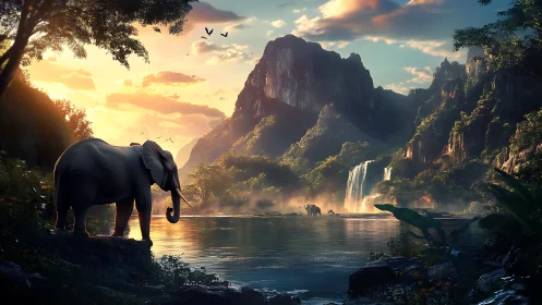 Sunlit elephant surveys misted valley with cascading waterfalls