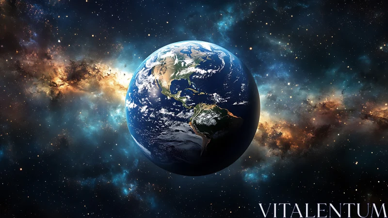 Blue planet drifts through star-splashed cosmic river of light.