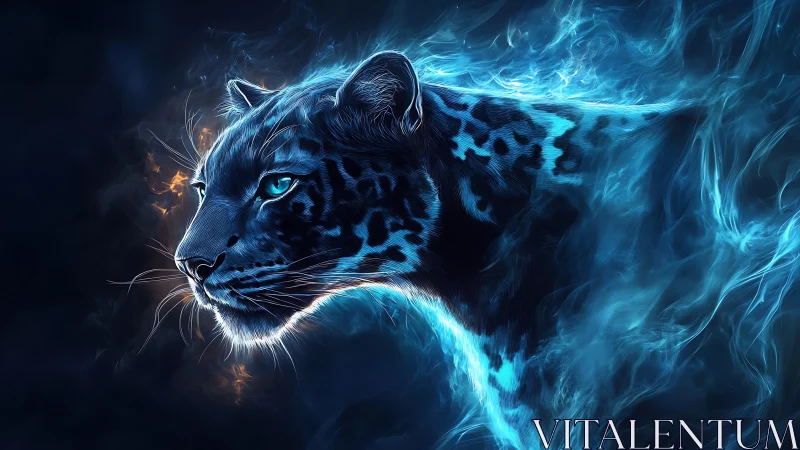 Blue Fire Leopard. Ethereal Energy Beast Portrait.