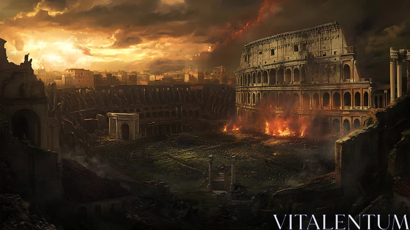 Sunset over a burning colosseum in a crumbling empire.