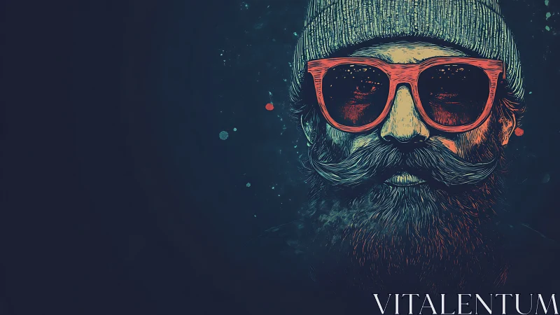 Stylized bearded man with red sunglasses on dark background.
