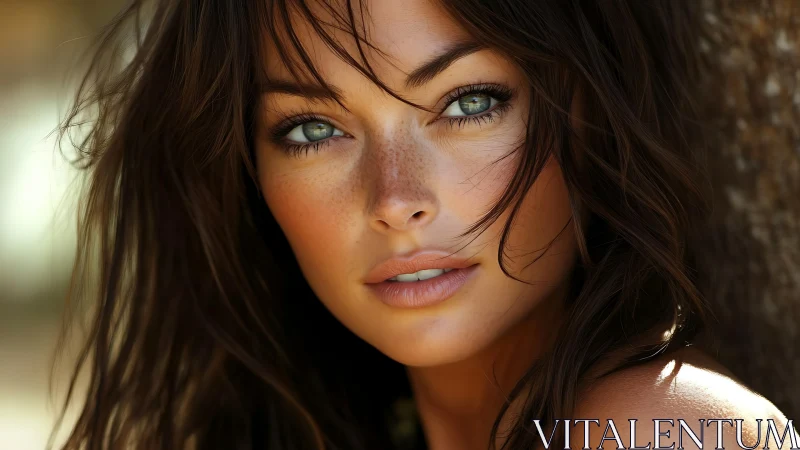 Sunlit gaze of a freckled muse in soft golden focus.