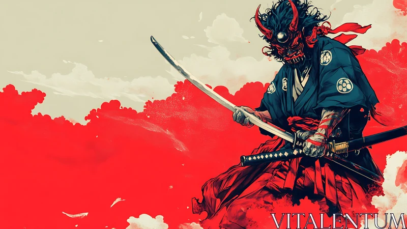 Digital painting of demon samurai amid abstract red cloudfield.