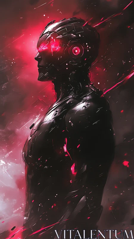 Side profile shows armored humanoid with red illuminated optics