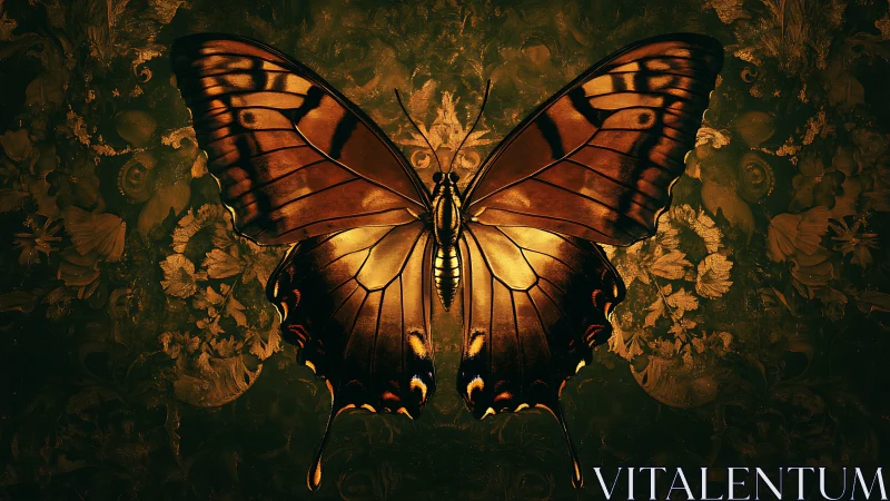 Golden butterfly spreads luminous wings in a dark floral glow