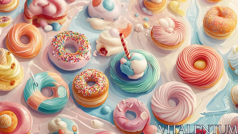 Colorful iced donuts with cream and candy sit on swirling surface