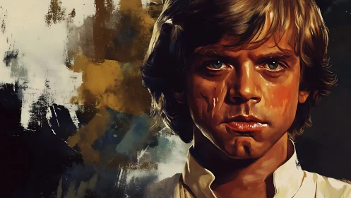 Heroic young man painted against abstract cosmic backdrop.