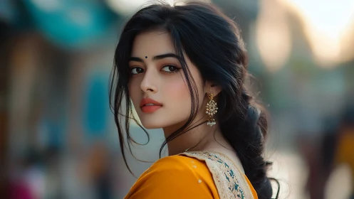 Elegant woman in traditional attire with soft natural lighting.