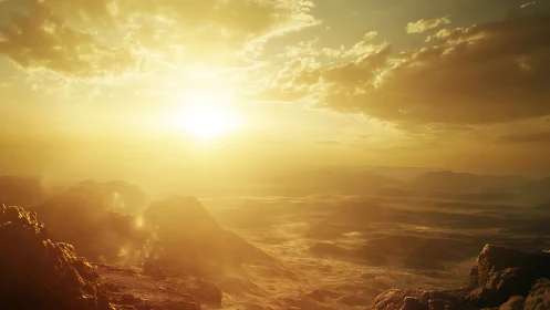 Sunlit rocky basin extends under low clouds and hazy sky