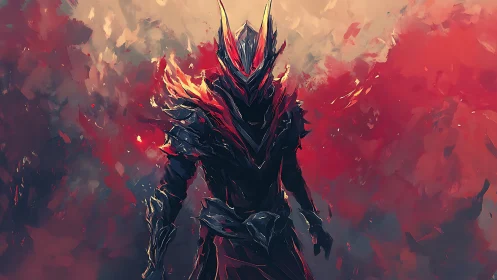 Armored infernal warrior emerges from abstract crimson storm