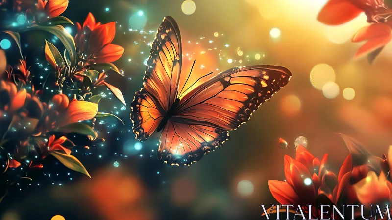 Glowing orange butterfly drifts through dreamy floral light.