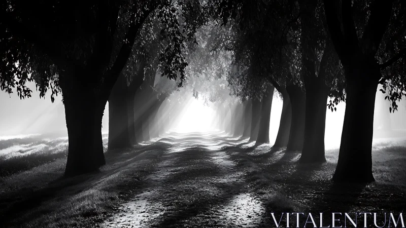 Monochrome tree avenue with dramatic backlit misty light.