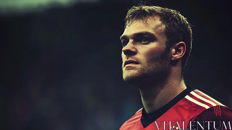 Focused soccer player gazes upward under stadium lights