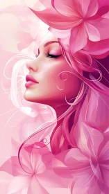 Vector stylized female profile merges with layered translucent floral forms