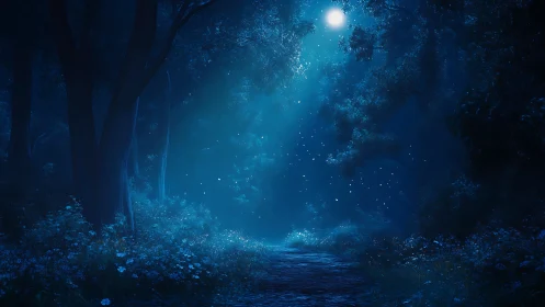 Moonlit Forest Path Through Blue Woods