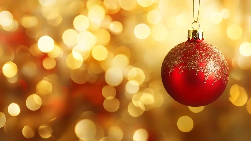Red Christmas bauble with gold glitter bokeh lights.