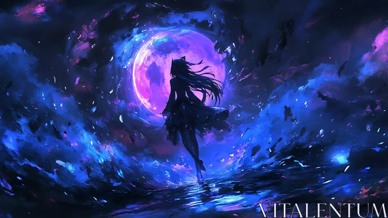 Midnight wanderer beneath a swirling neon moon portal.