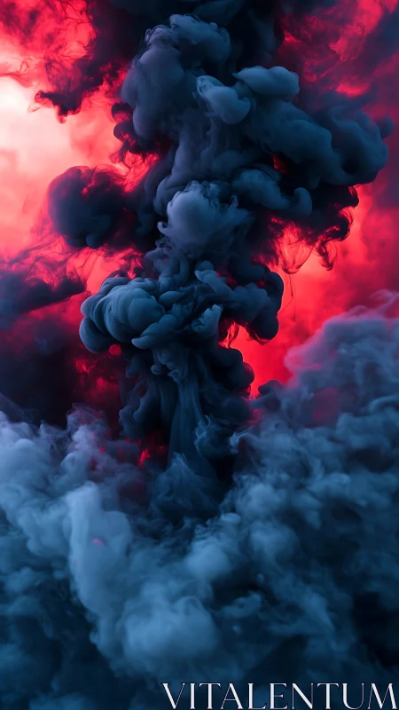 Dense blue ink plumes rise through backlit red fluid volume