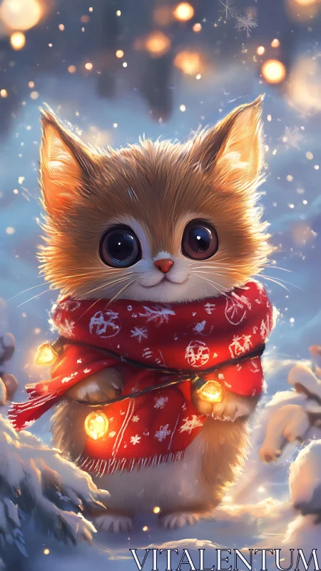 Fluffy winter kitten in red scarf with glowing lights.
