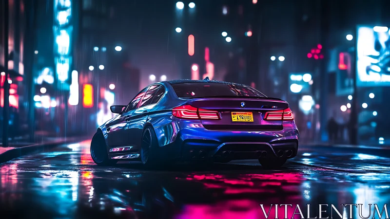Neon rain crowns a midnight BMW cruising liquid streets