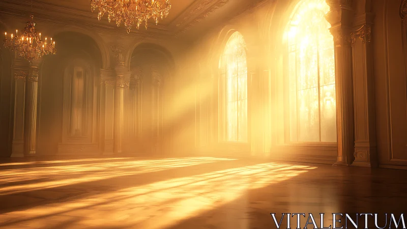 Sunlit grand hall interior shows strong directional light