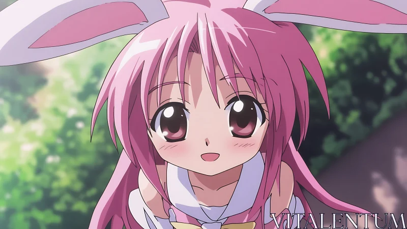Pink haired bunny girl in bright outdoor anime portrait.
