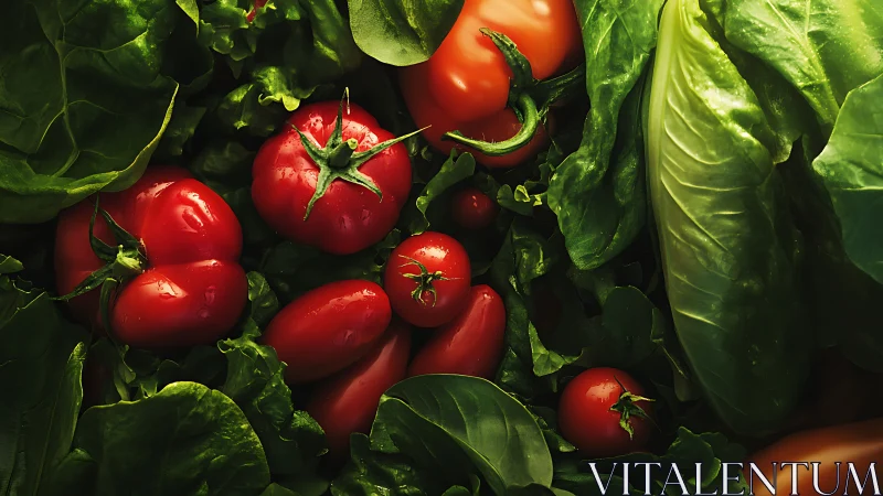 Sunlit tomatoes and greens composing a lush garden feast.
