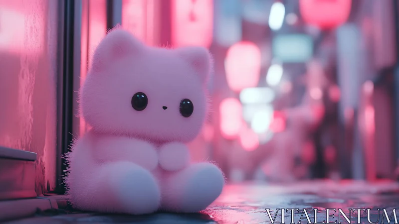 Fluffy pink kitten plush in neon alleyway glow.