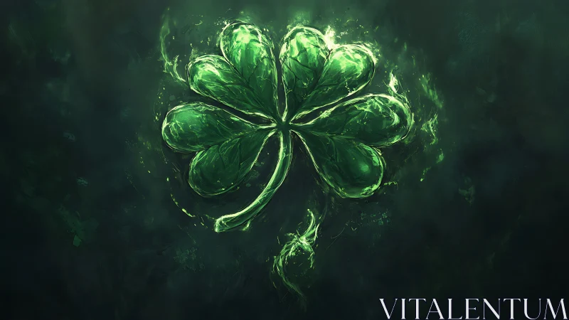 Glowing green four leaf clover on dark abstract background.