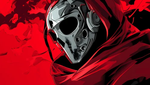 Cybernetic skull assassin rendered in stark red contrast