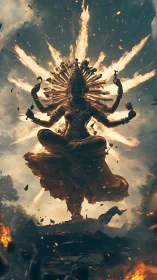 Divine multi-armed deity levitating amid eruptive firestorm.